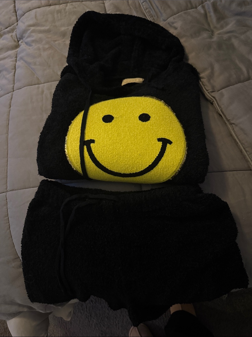 Judith March Black Hoodie and Shorts Pajama Set with Yellow Smiley